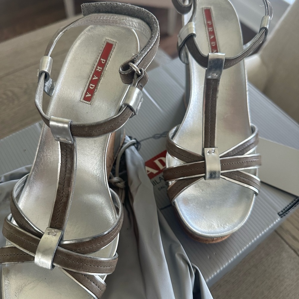 Prada Leather T-Strap Wedge Sandal 7.5